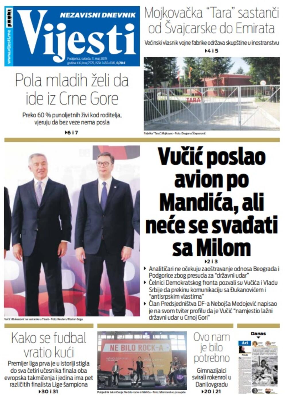 Naslovna strana "Vijesti" za 11. maj, Foto: Vijesti