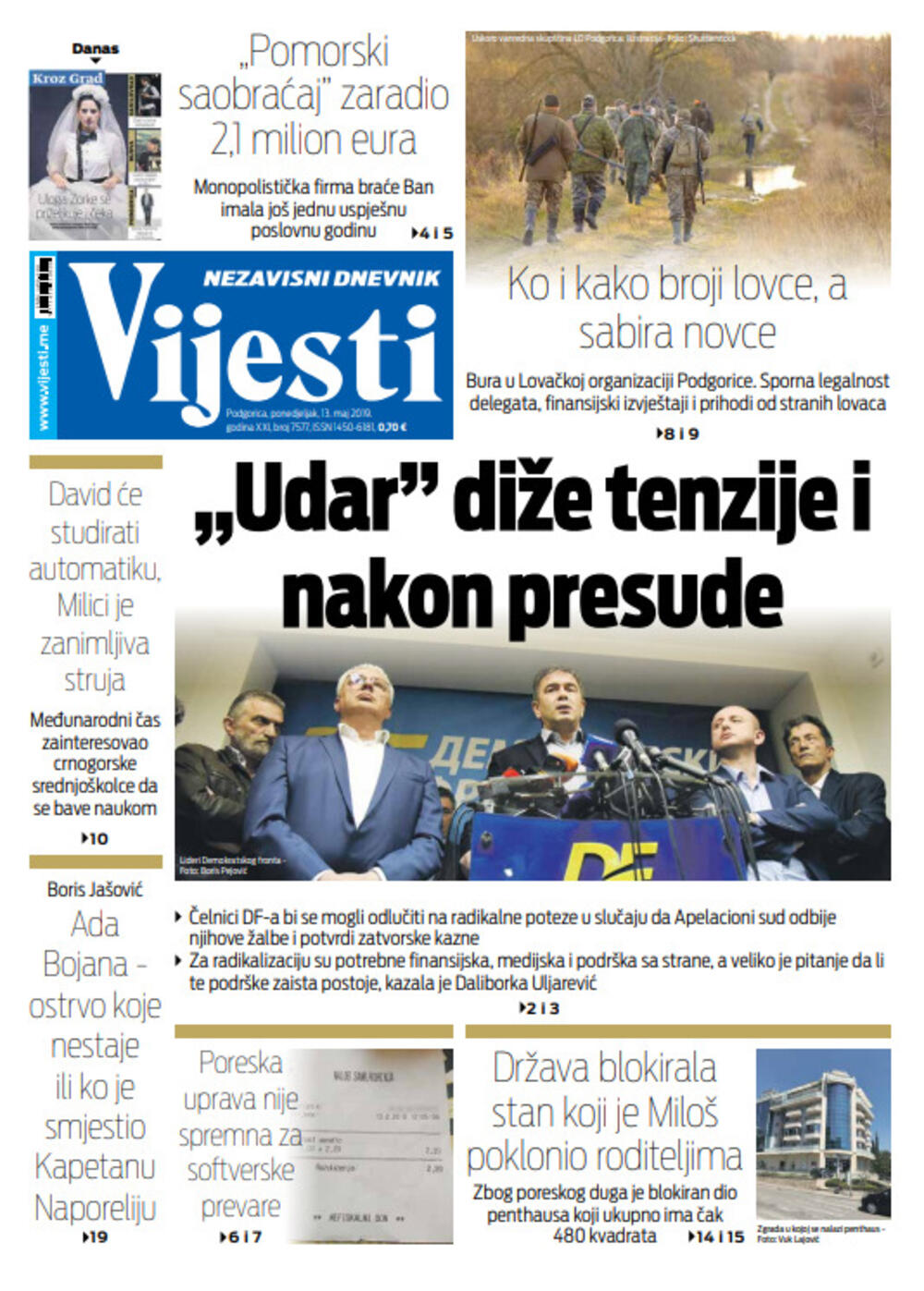 Naslovna strana "Vijesti" za 13. maj, Foto: "Vijesti"