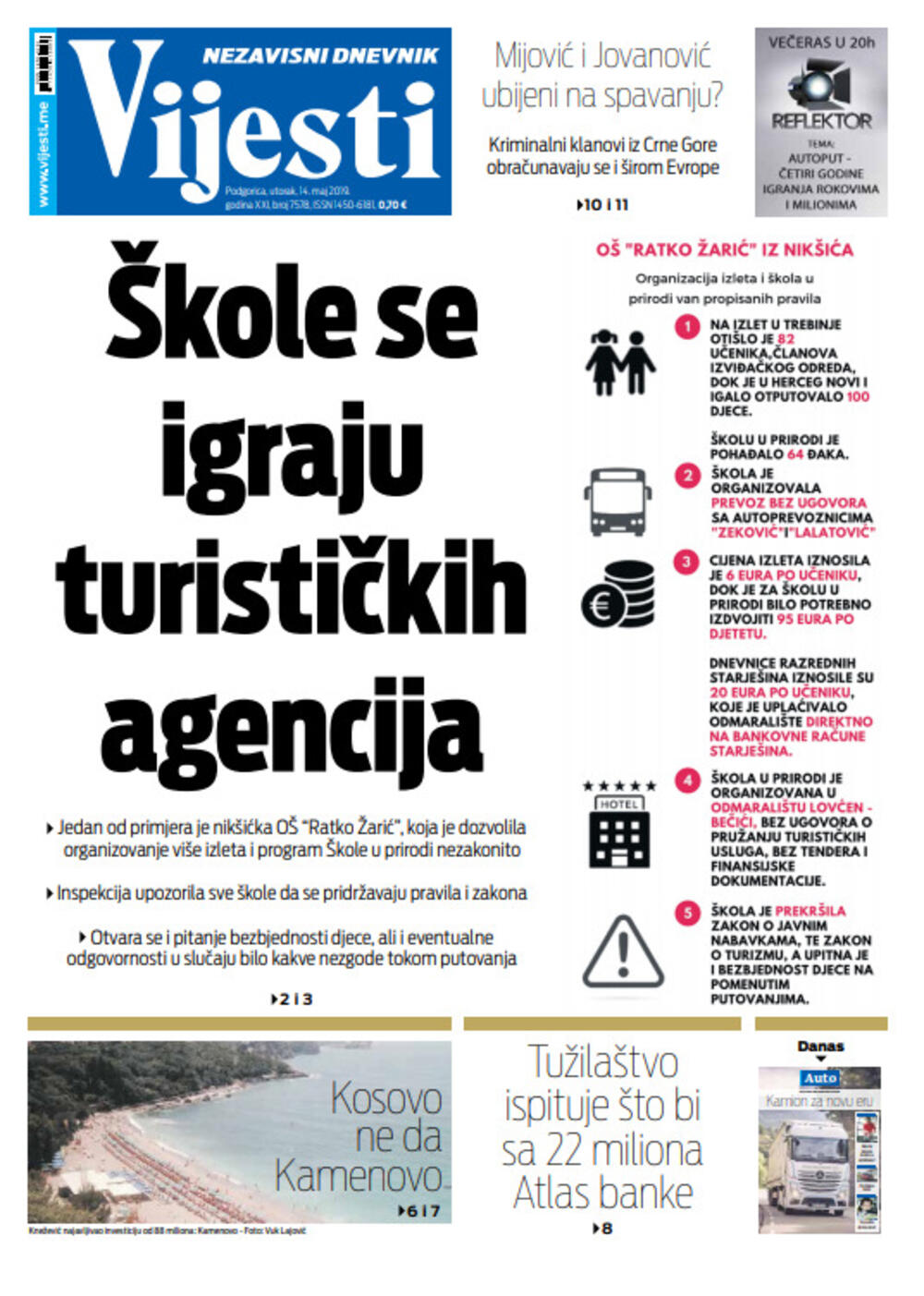 Naslovna strana "Vijesti" za 14. maj, Foto: "Vijesti"