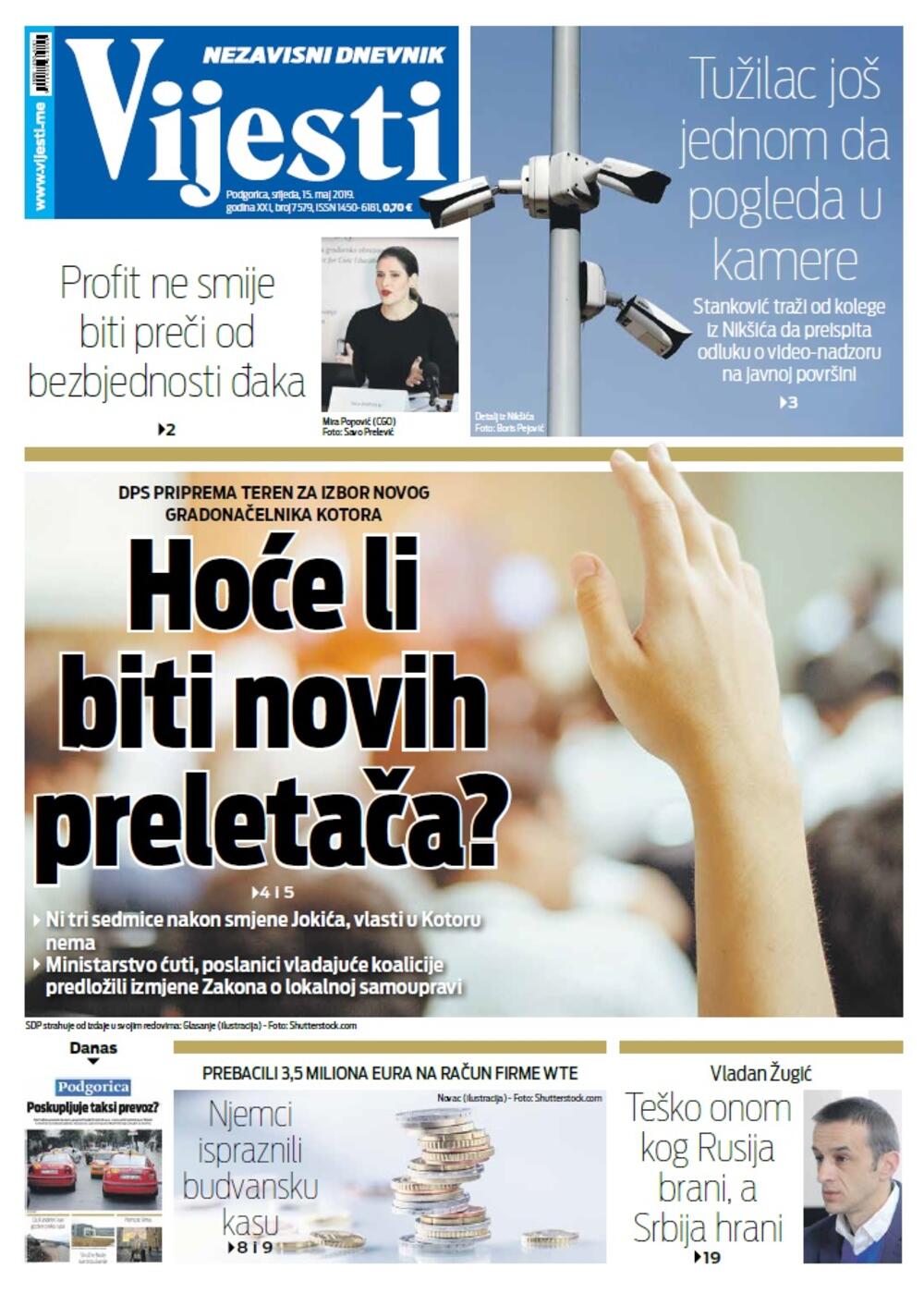 Naslovna strana "Vijesti" za 15. maj, Foto: Vijesti