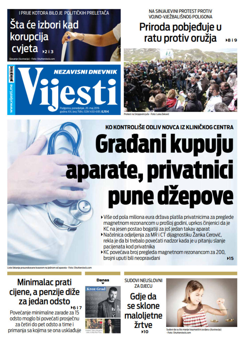 Naslovna strana "Vijesti" za 20. maj, Foto: Vijesti