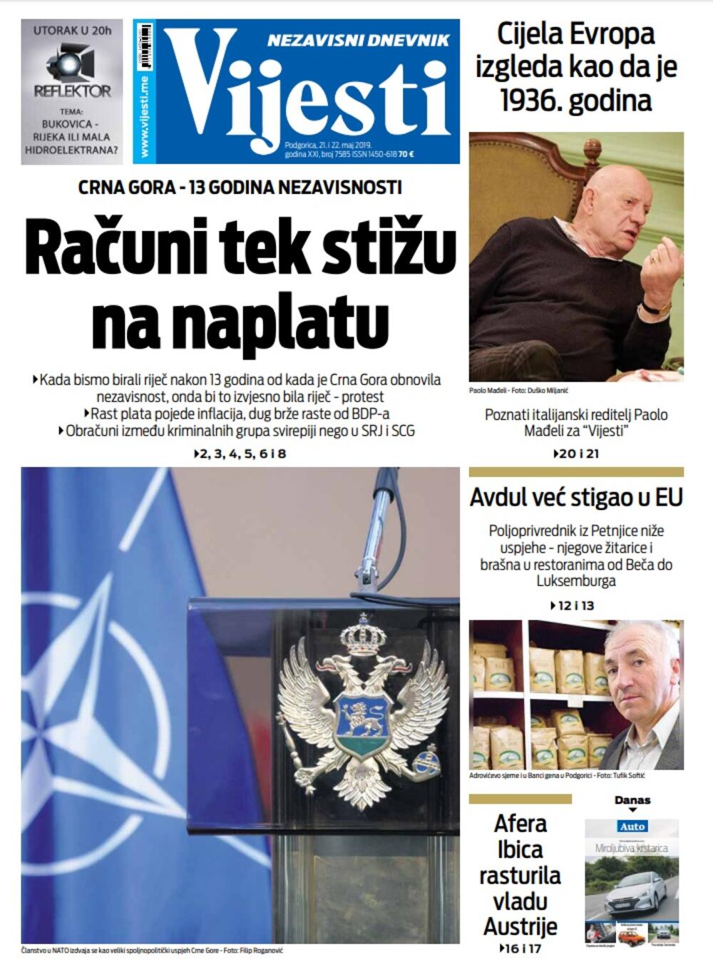 Naslovna strana "Vijesti" za 21. i 22. maj, Foto: Vijesti