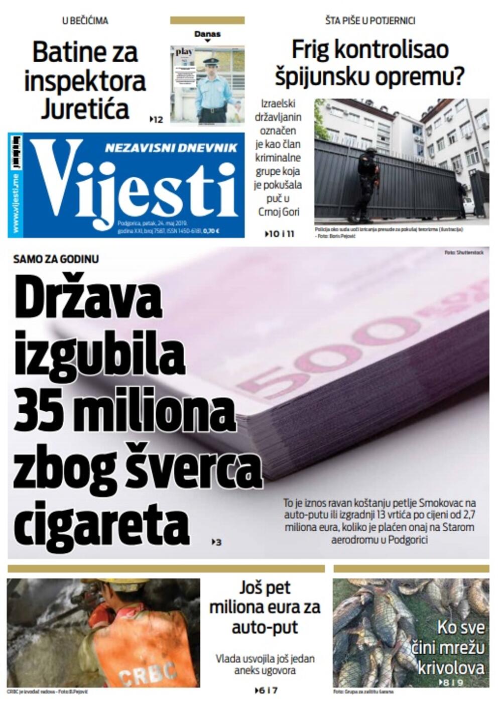 Naslovna strana "Vijesti" za 24. maj, Foto: Vijesti