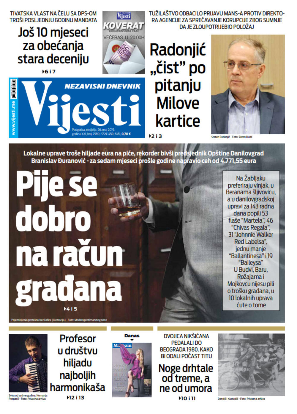 Naslovna strana "Vijesti" za 26. maj, Foto: Vijesti