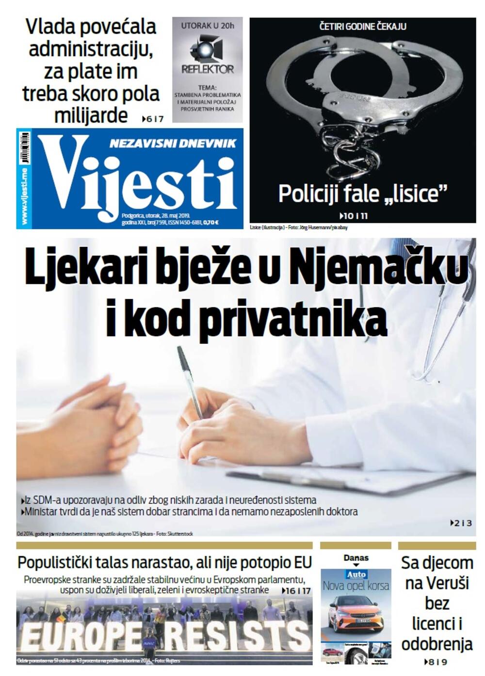 Naslovna strana "Vijesti" za 28. maj, Foto: Vijesti