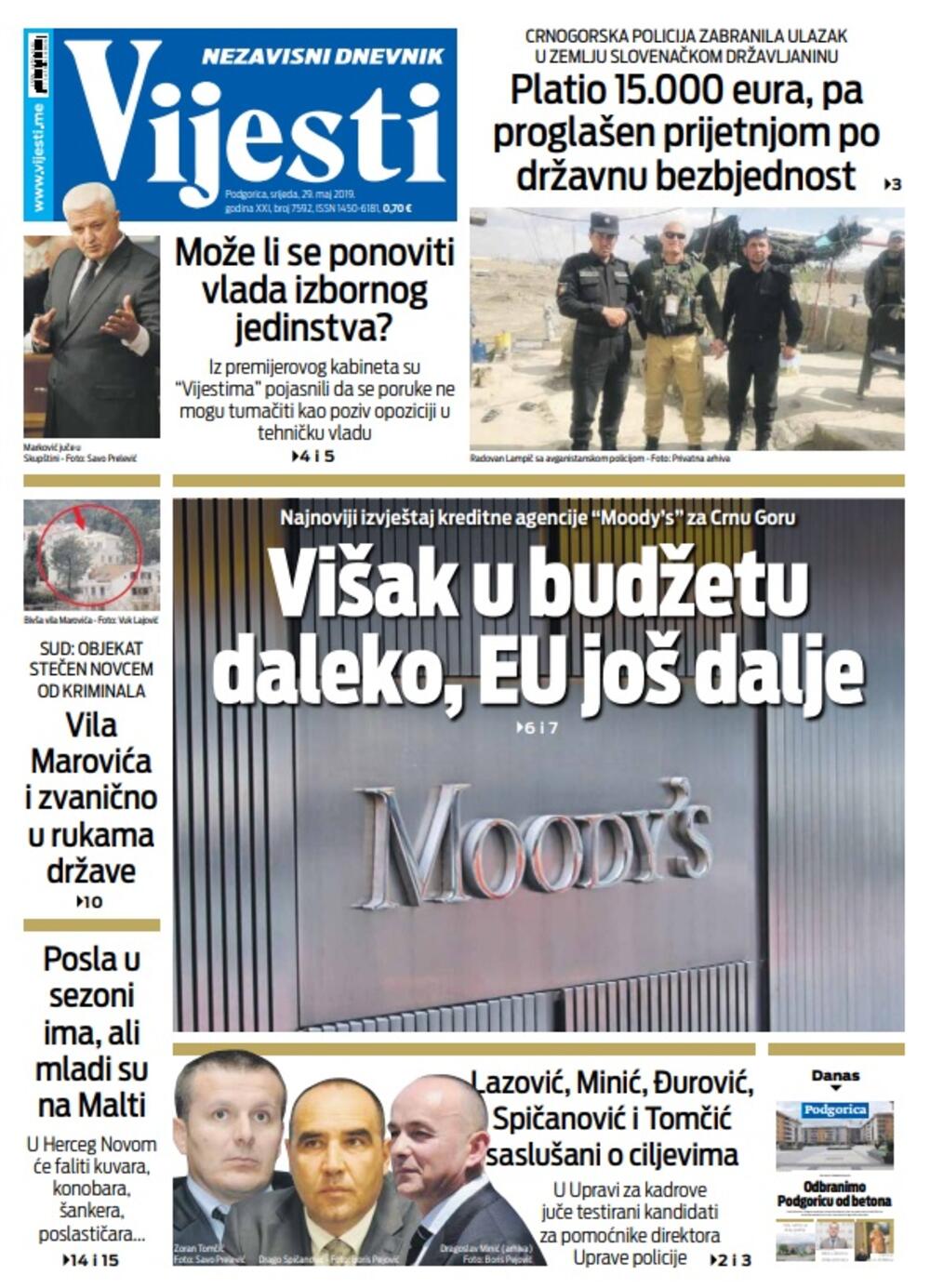 Naslovna strana Vijesti 29.5., Foto: Vijesti
