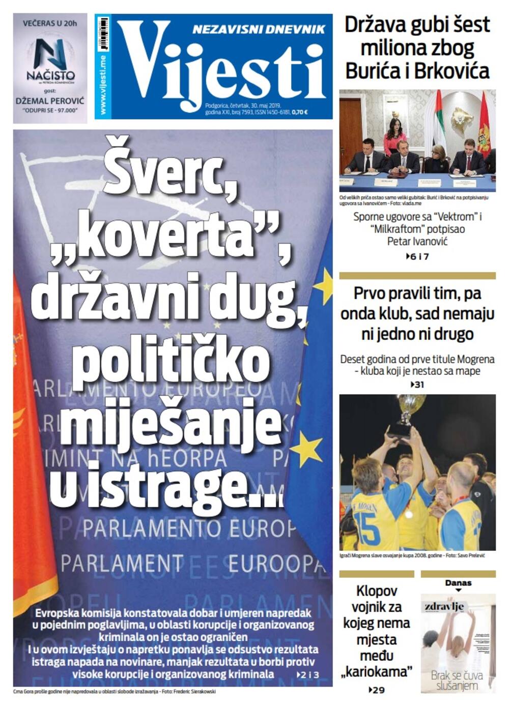 Naslovna strana "Vijesti" za 30. maj