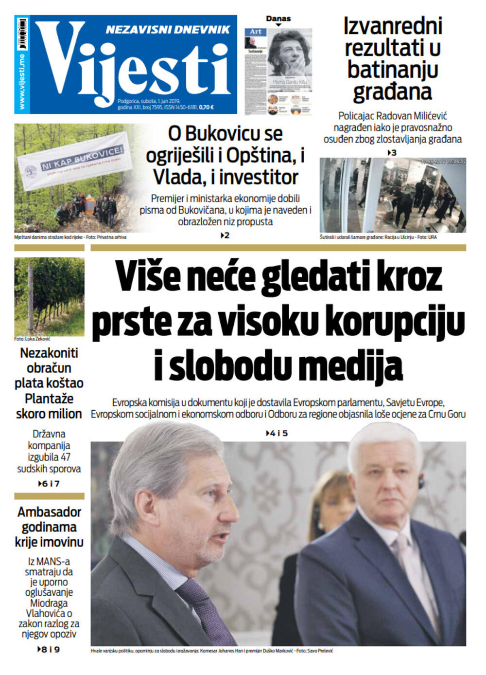 Naslovna strana "Vijesti" za 1. jun