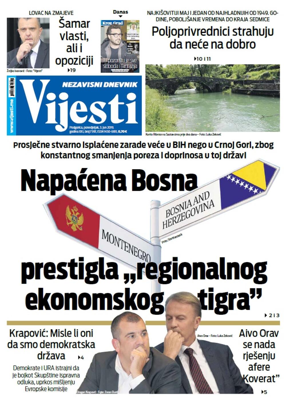 Naslovna strana "Vijesti" za 3. jun, Foto: Vijesti