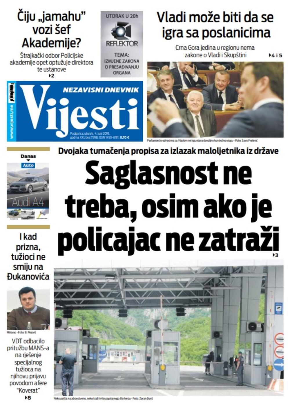 Naslovna strana "Vijesti" za 4.jun, Foto: Vijesti