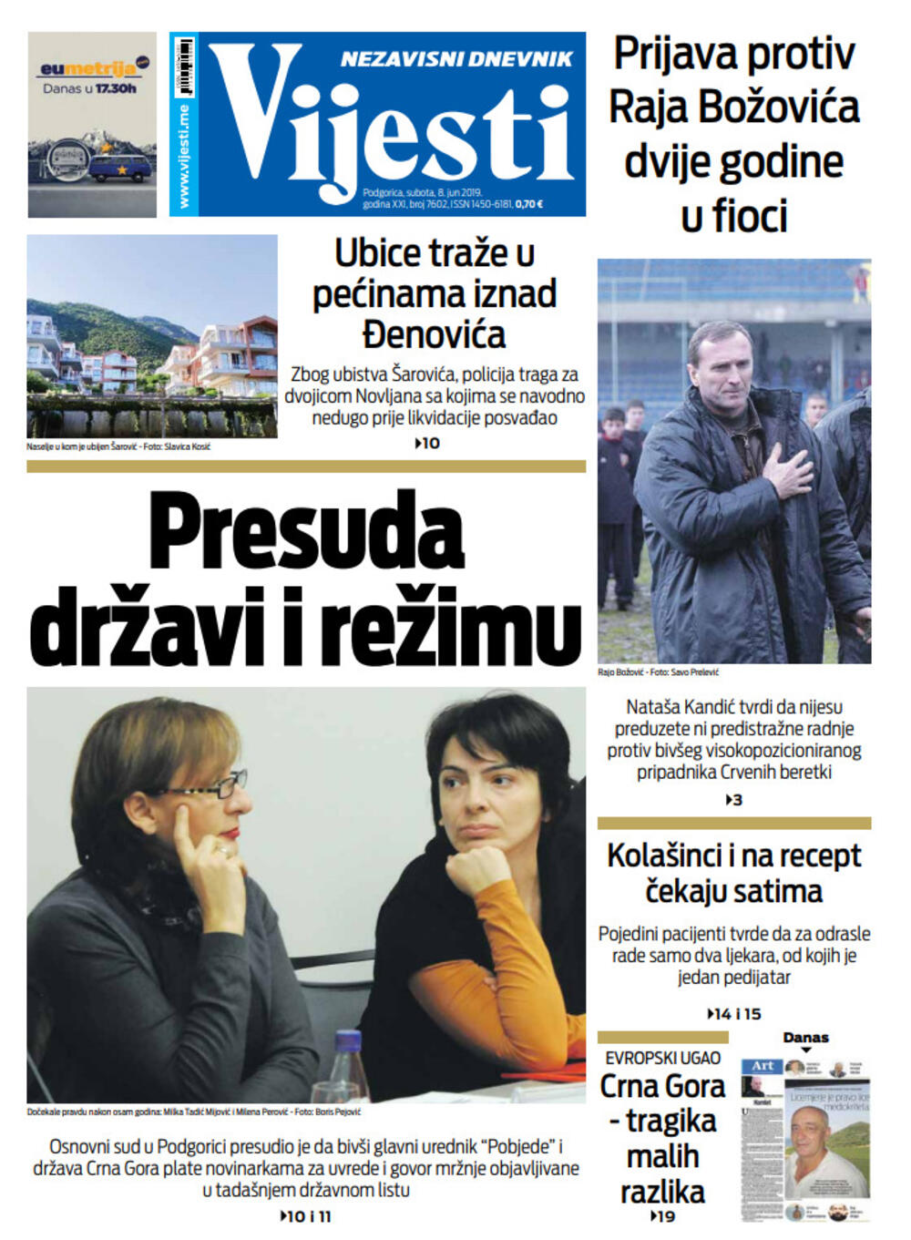Naslovna strana "Vijesti" za 8. jun, Foto: Vijesti