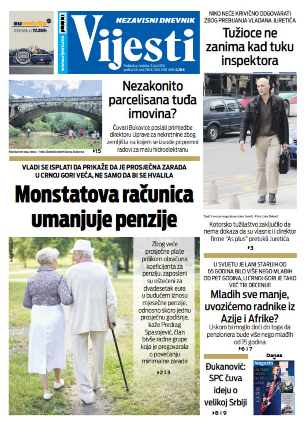 Naslovna strana "Vijesti" za deveti jun, Foto: "Vijesti"