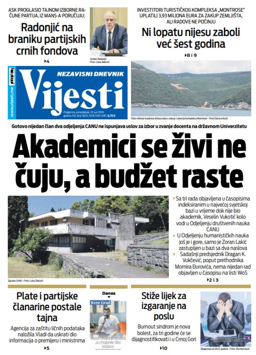 Naslovna strana "Vijesti" za 10.6., Foto: Vijesti