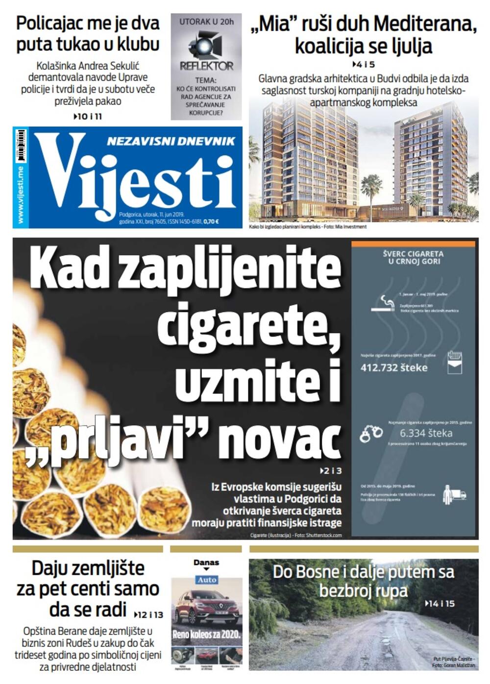 Naslovna strana "Vijesti" za 11. jun