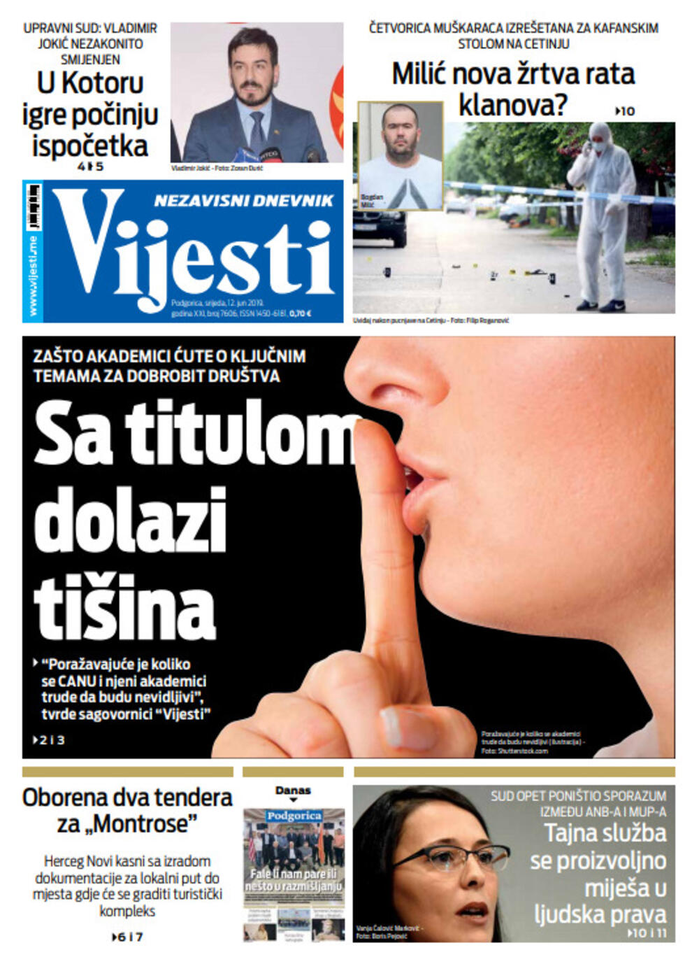 Naslovna strana "Vijesti" za 12.jun, Foto: "Vijesti"