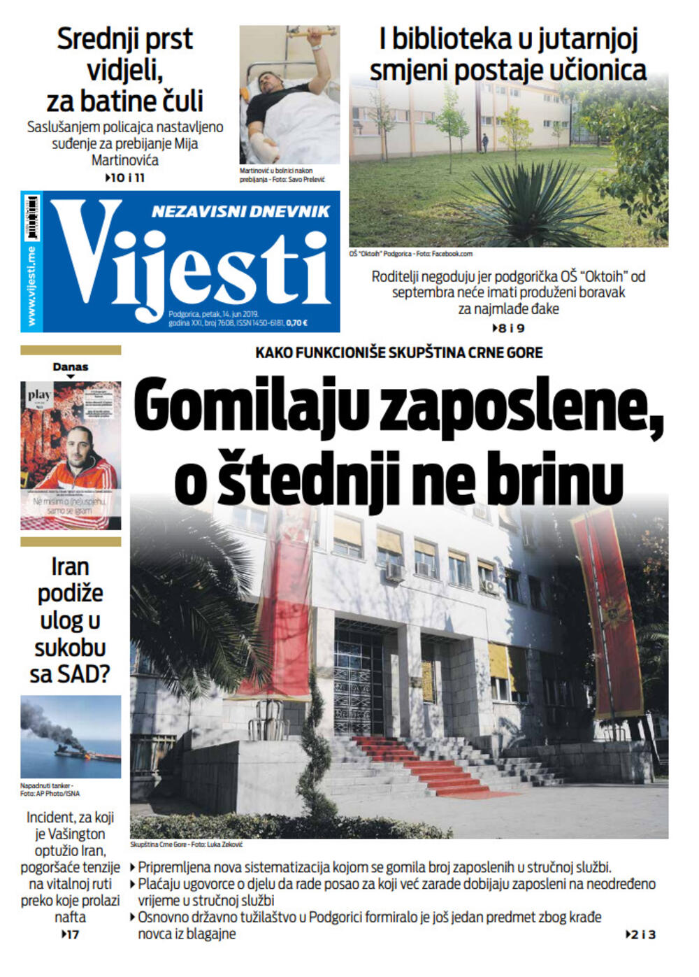 Naslovna strana "Vijesti" za 14. jun, Foto: Vijesti