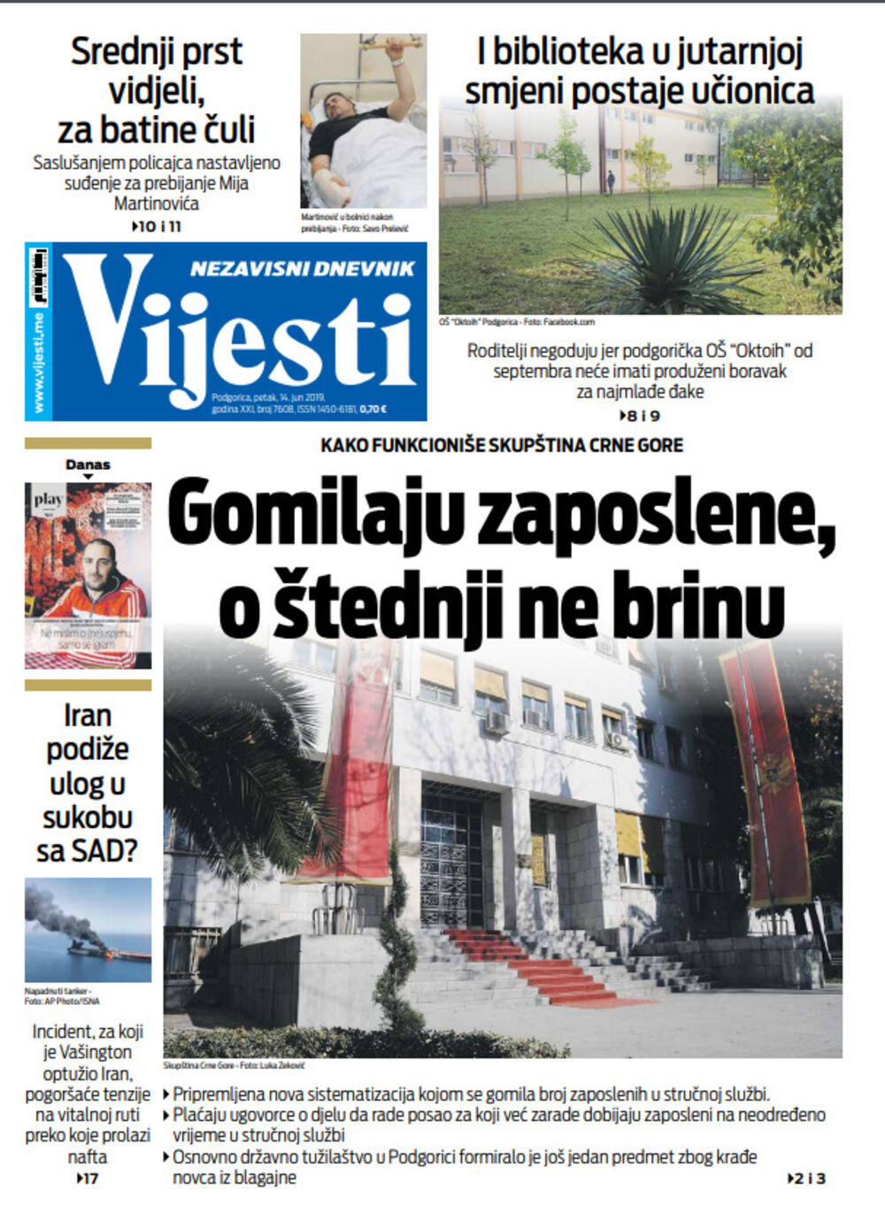 Naslovna strana "Vijesti" 15.6., Foto: Vijesti