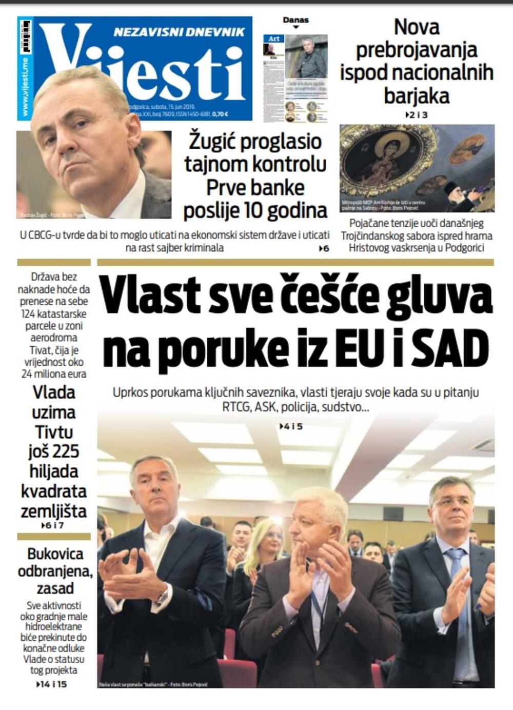 Naslovna strana "Vijesti" 15.6., Foto: Vijesti