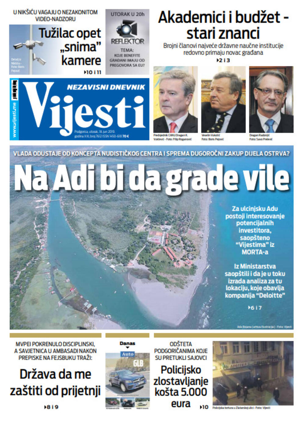 Naslovna strana "Vijesti" za 18. jun, Foto: "Vijesti"