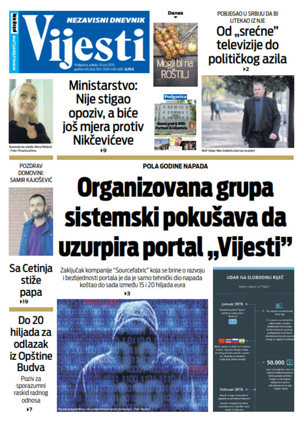 Naslovna strana "Vijesti" za 19. jun, Foto: Vijesti