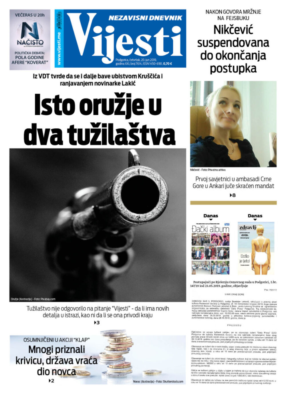 Naslovna strana "Vijesti" za 20. jun