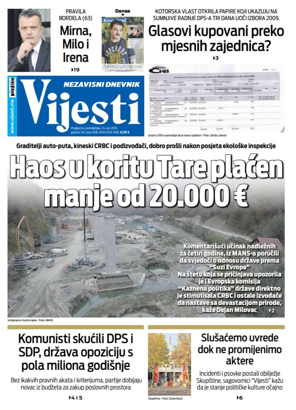 Naslovna strana "Vijesti" za 24. jun