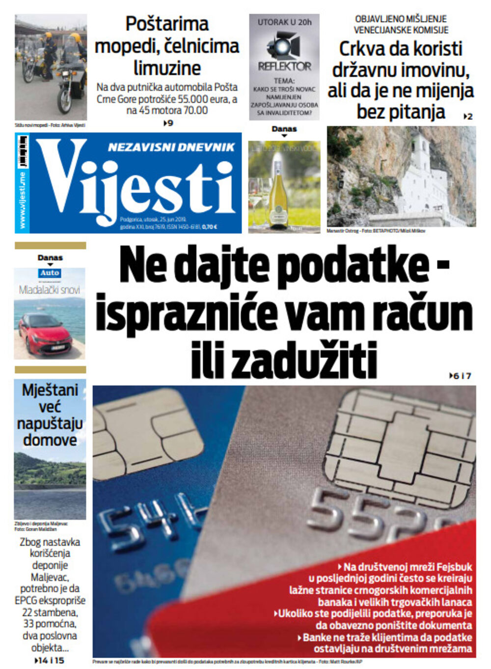 Naslovna strana "Vijesti" za 25. jun, Foto: Vijesti