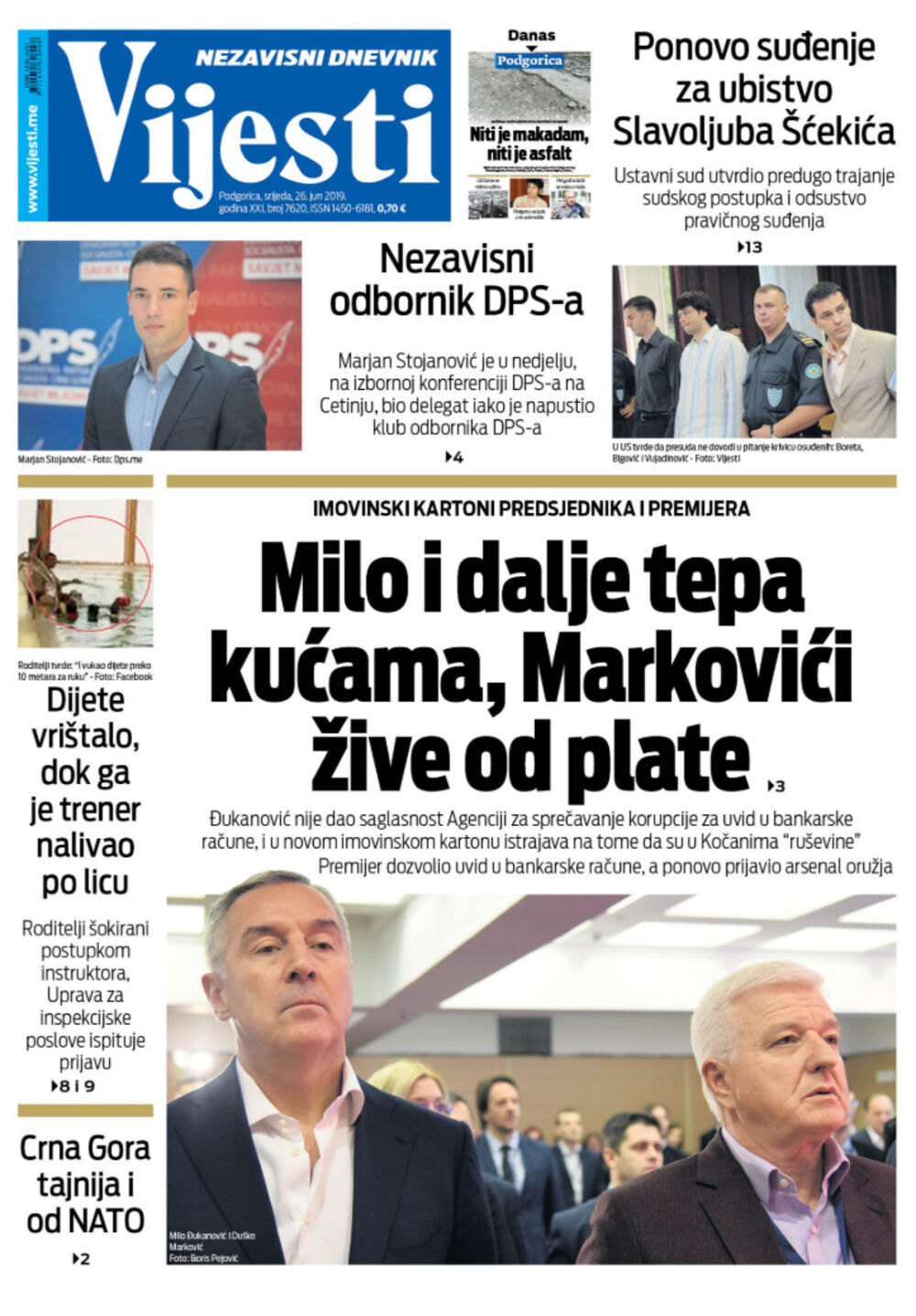 Naslovna strana "Vijesti" za 26. jun