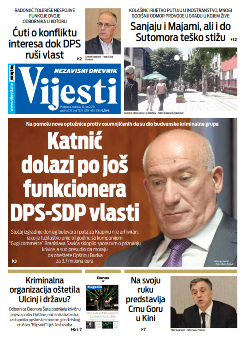 Naslovna strana "Vijesti" za 30. jun, Foto: Vijesti