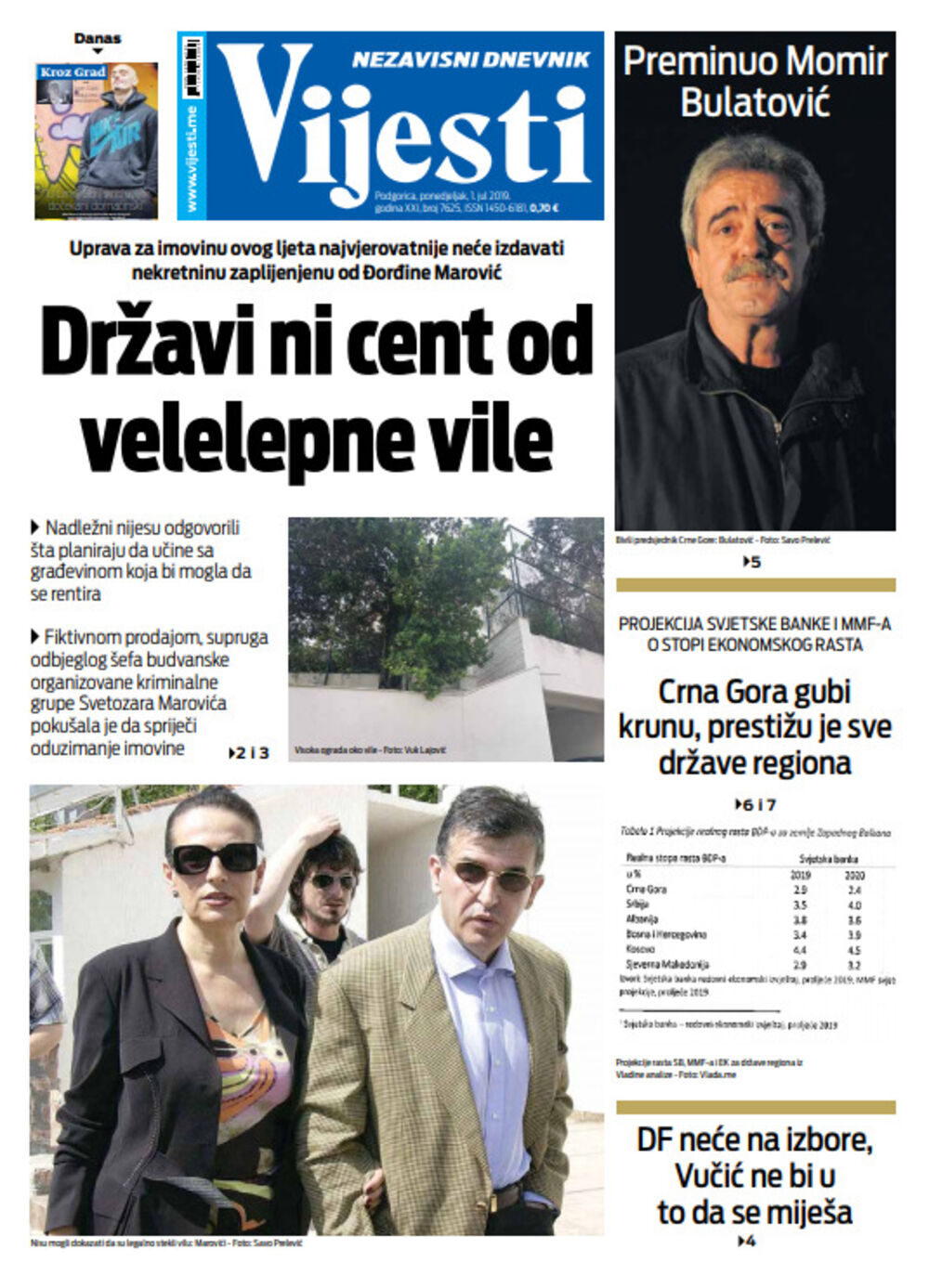 Naslovna strana "Vijesti" za prvi jul, Foto: Vijesti