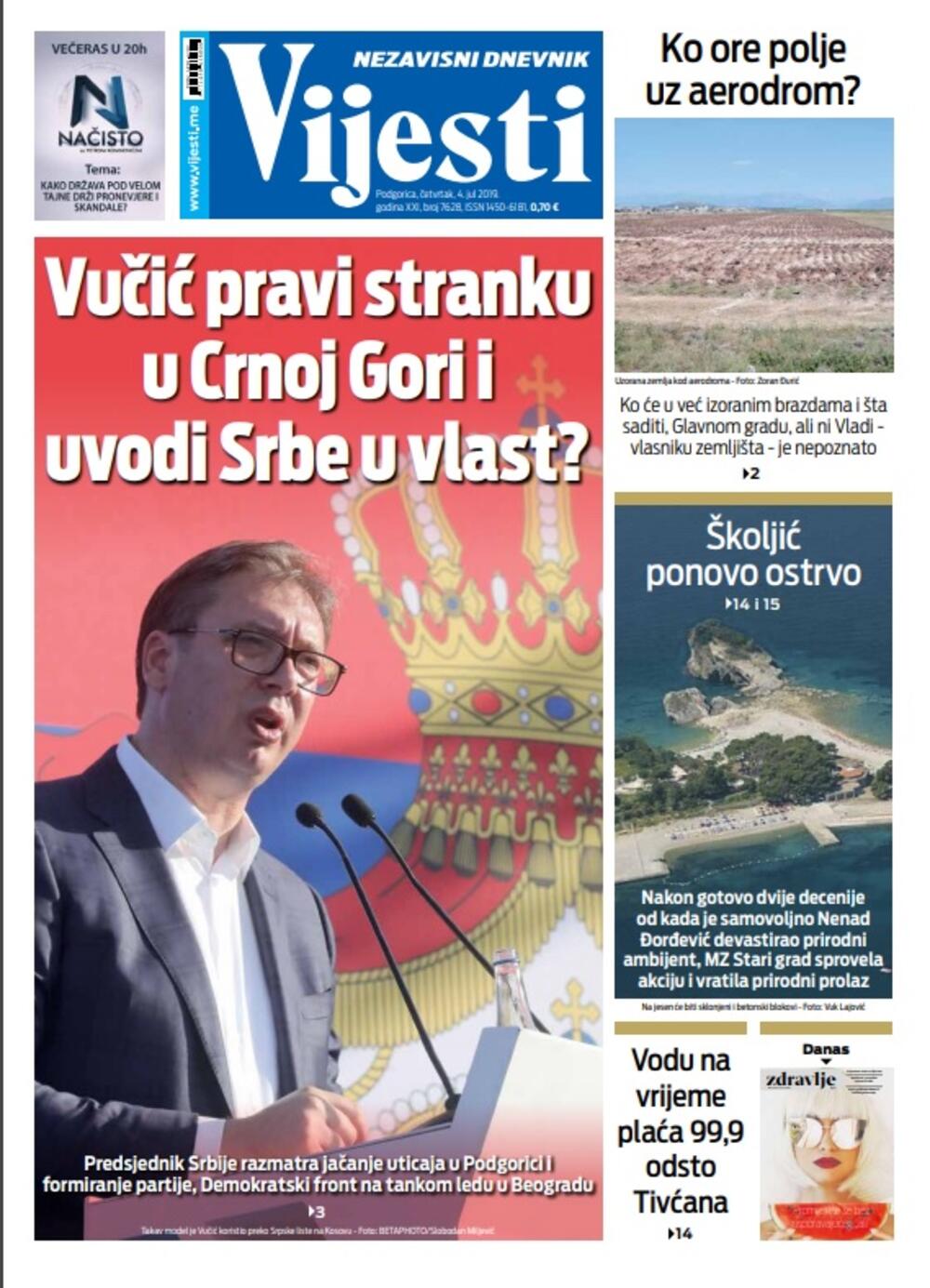 Naslovna strana "Vijesti" 4.7., Foto: Vijesti