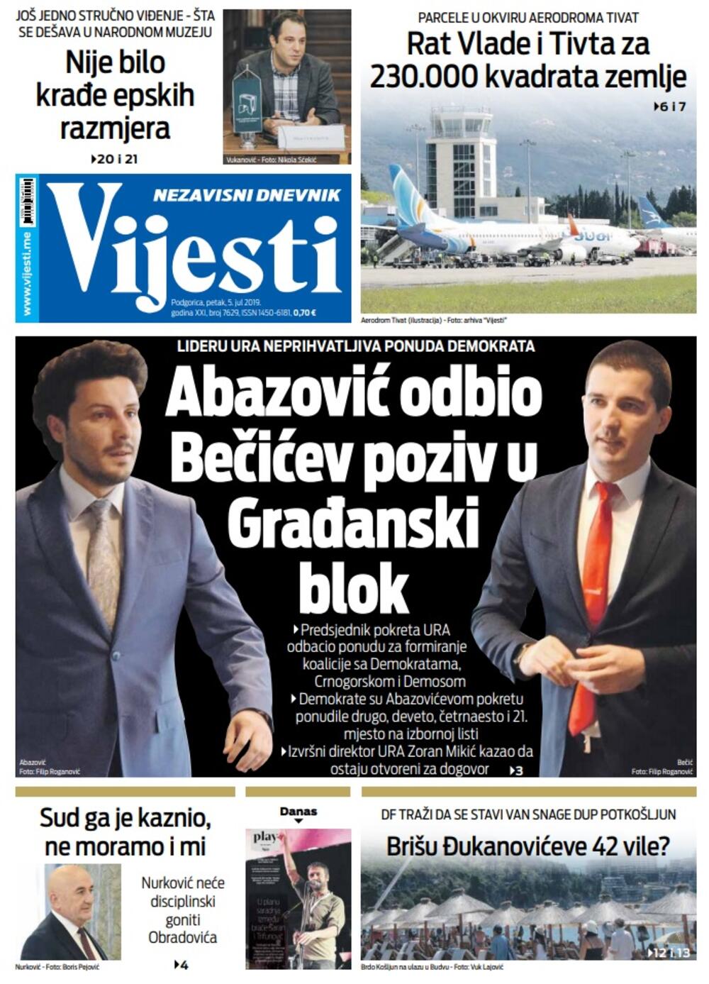 Naslovna strana "Vijesti" za 5. jul, Foto: Vijesti