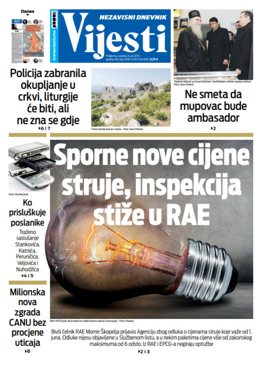 Naslovna strana "Vijesti" za šesti jul, Foto: "Vijesti"