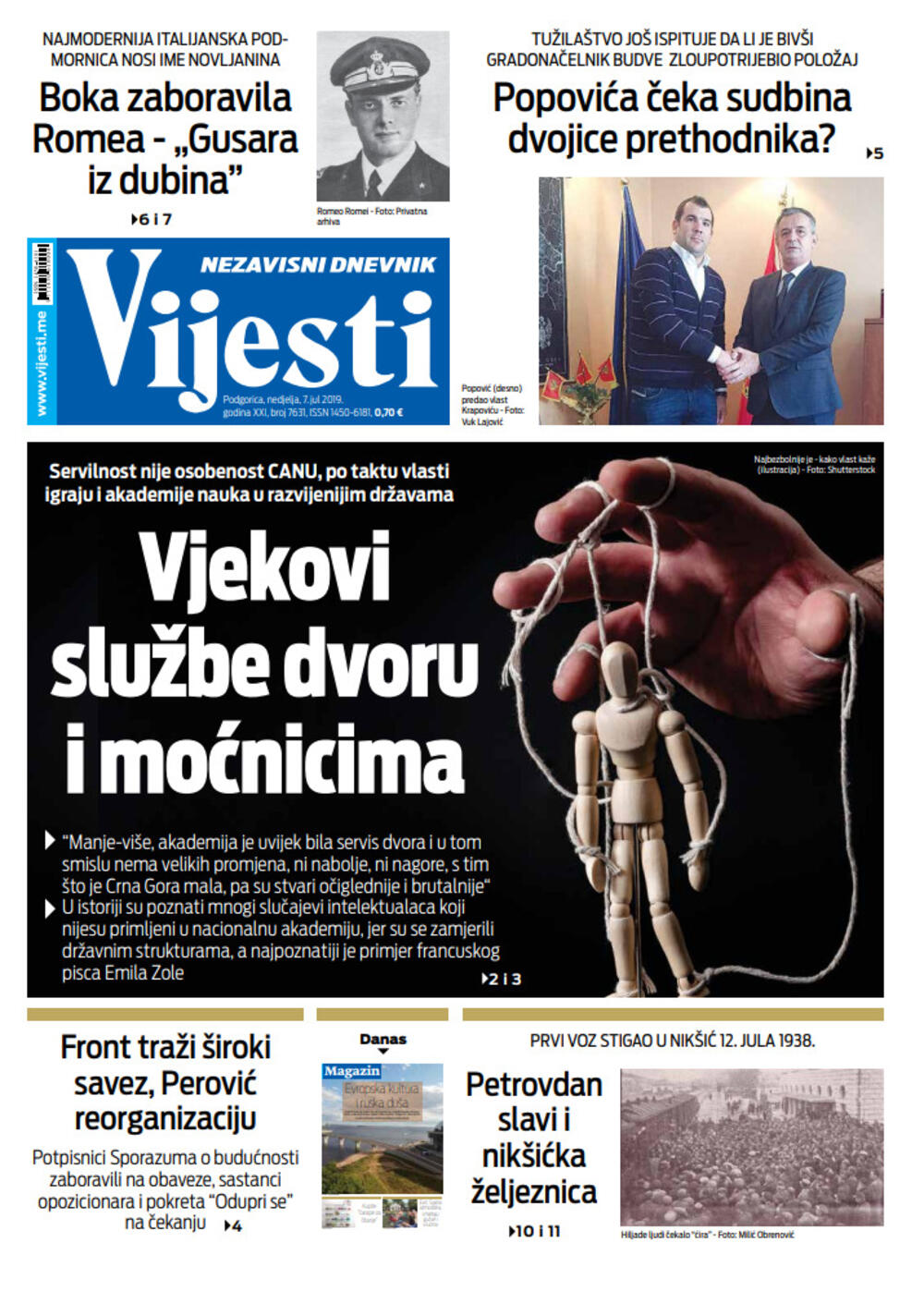 Naslovna strana "Vijesti" za 7. jul, Foto: Vijesti