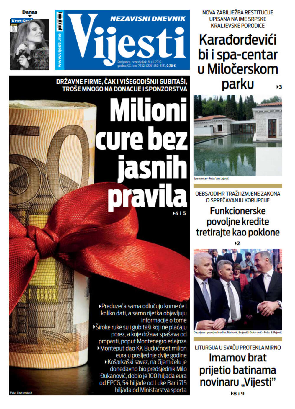 Naslovna strana "Vijesti" za 8. jul, Foto: Vijesti