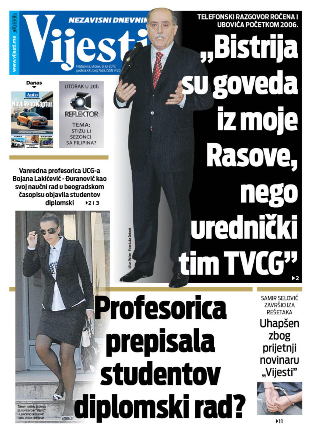 Naslovna strana "Vijesti" za 9. jul