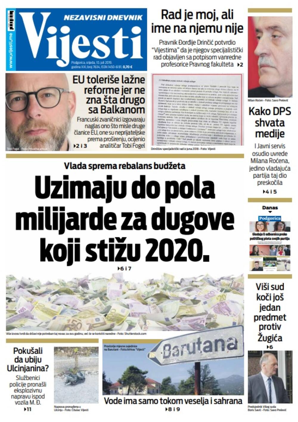Naslovna strana "Vijesti" 10.7.jul, Foto: Vijesti