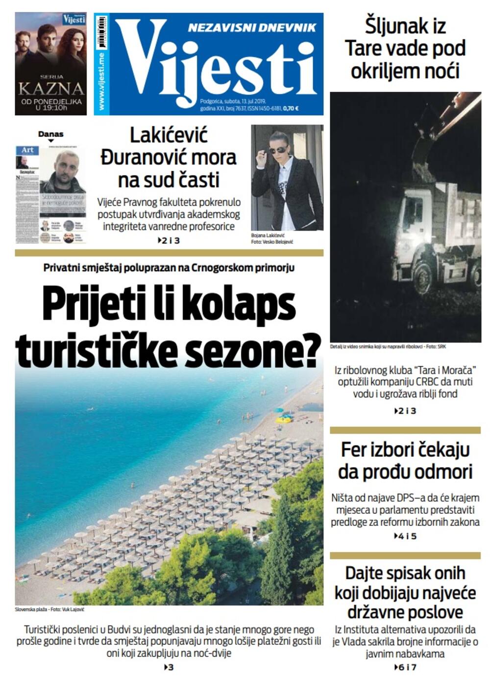 Naslovna strana "Vijesti" za 13. jul, Foto: Vijesti