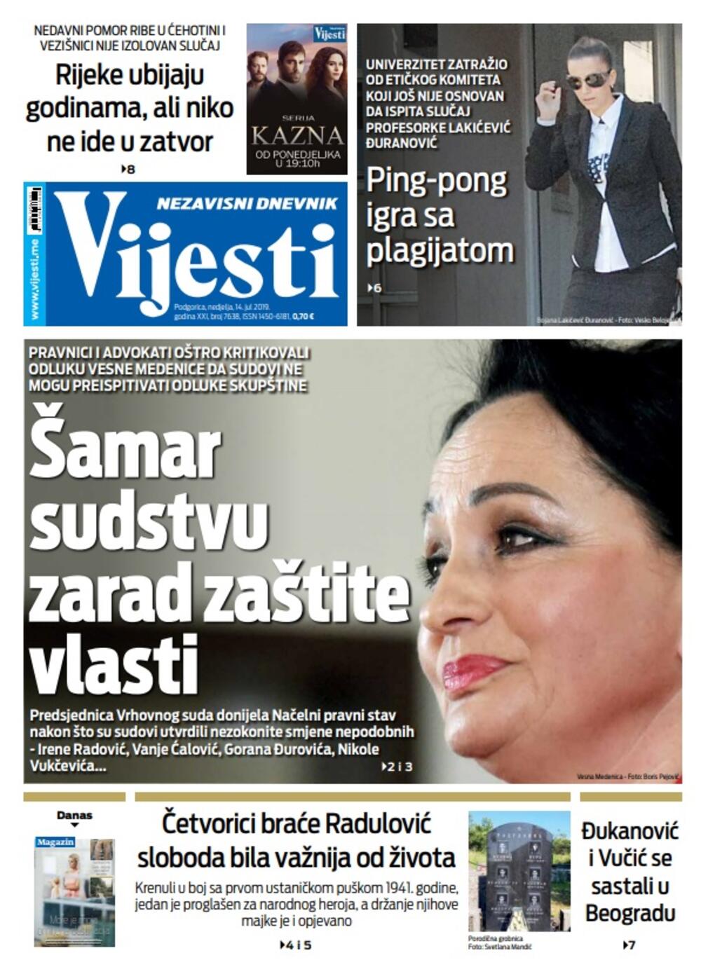 Naslovna strana "Vijesti" 14.7., Foto: Vijesti