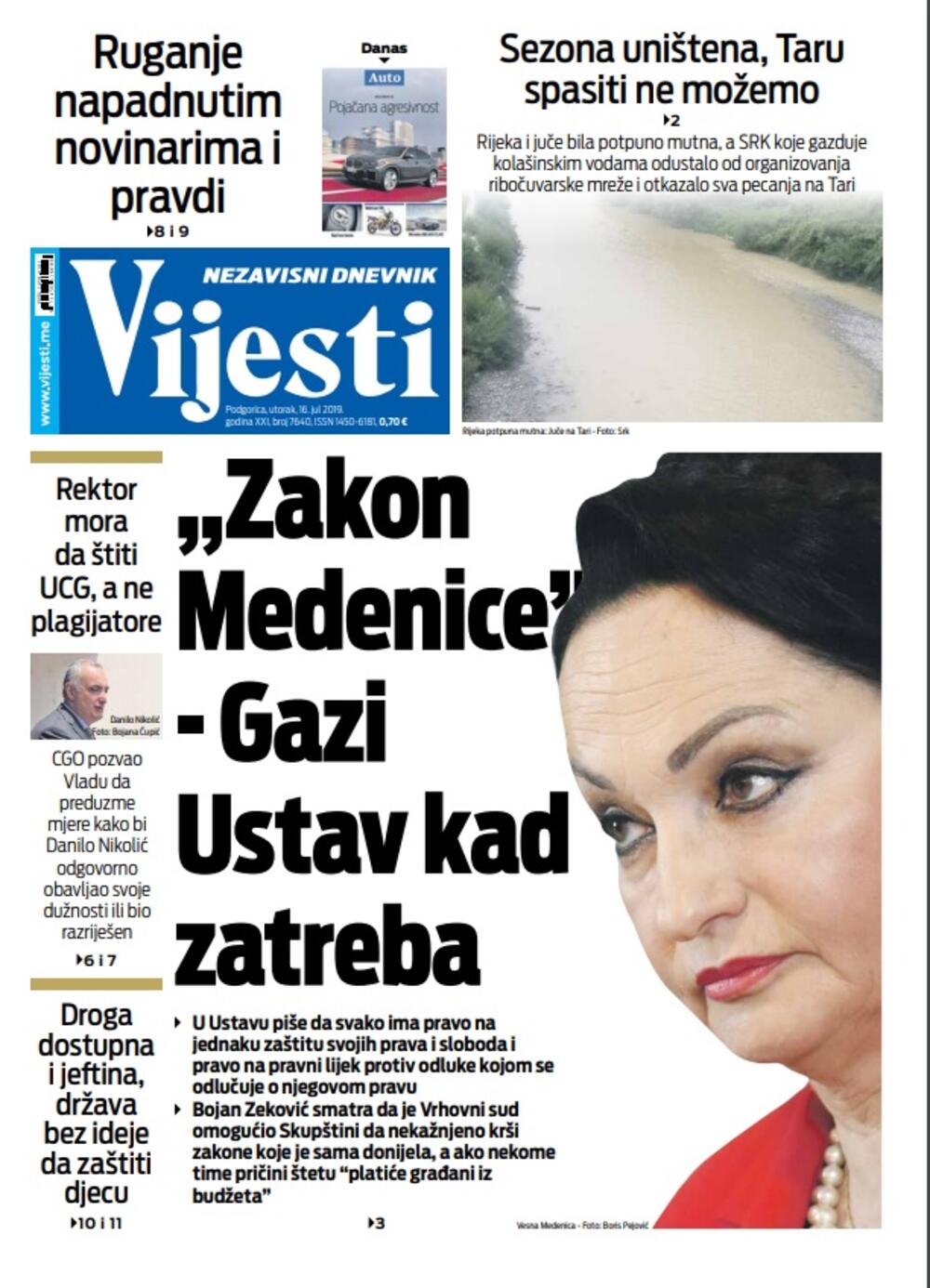 Naslovna strana "Vijesti" 16.7., Foto: Printscreen