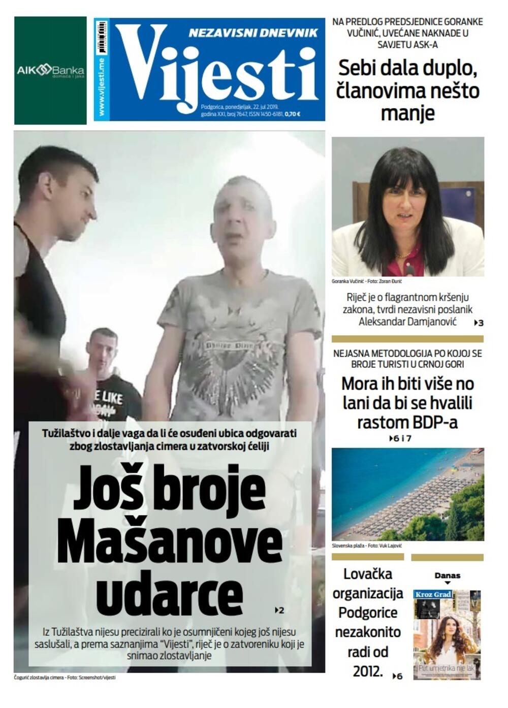 Naslovna strana "Vijesti" za 22. jul, Foto: Vijesti
