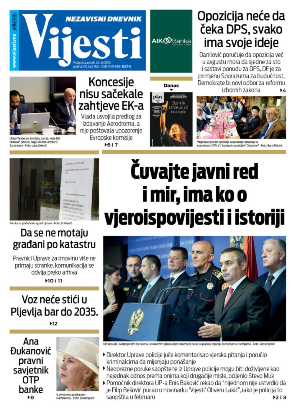Naslovna strana "Vijesti" za 26. jul
