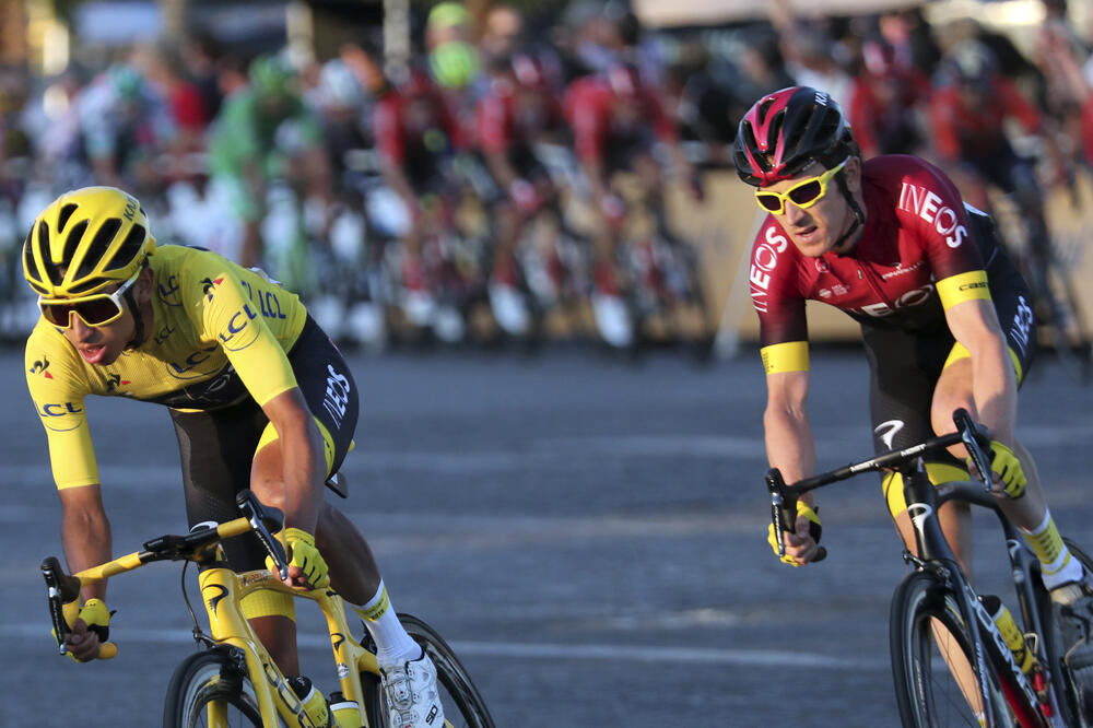 Colombia's Egan Bernal wearing the overall leader's yellow jersey, rides with Britain's Geraint Thomas on the Champs-Elysees during the twenty-first stage of the Tour de France cycling race over 128 kilometers (79.53miles) with start in Rambouillet and fi, Foto: Thibault Camus