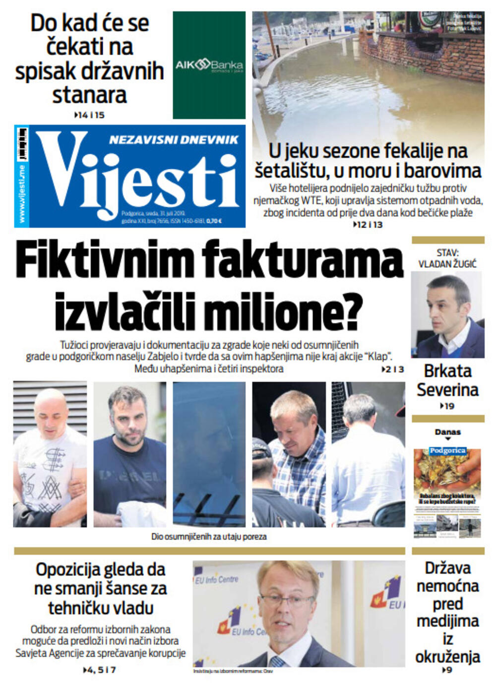 Naslovna strana "Vijesti" za 31. jul, Foto: Vijesti