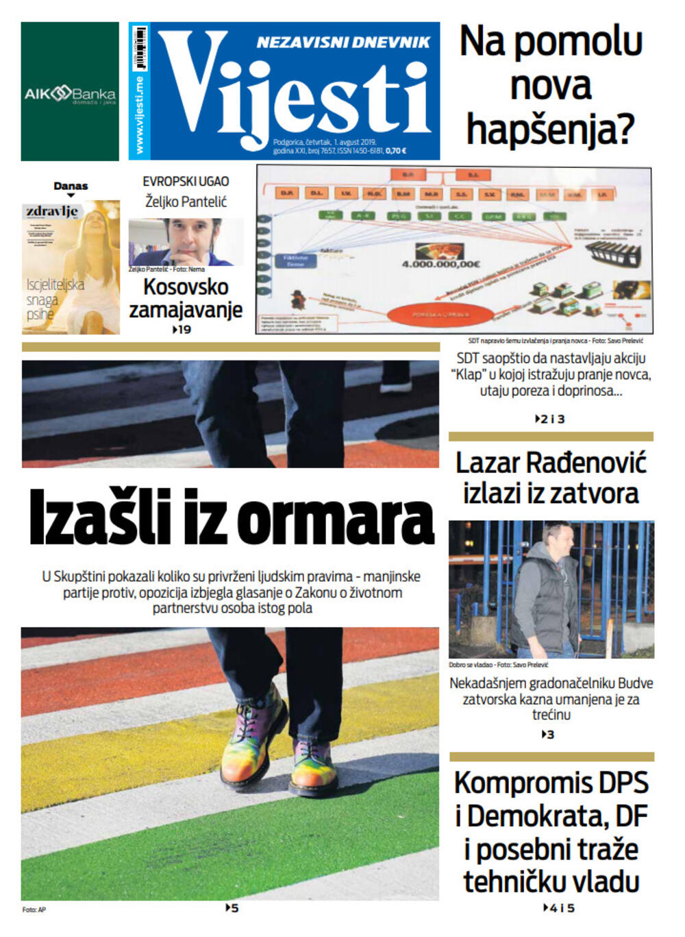 Naslovna strana Vijesti za 1. avgust, Foto: Vijesti