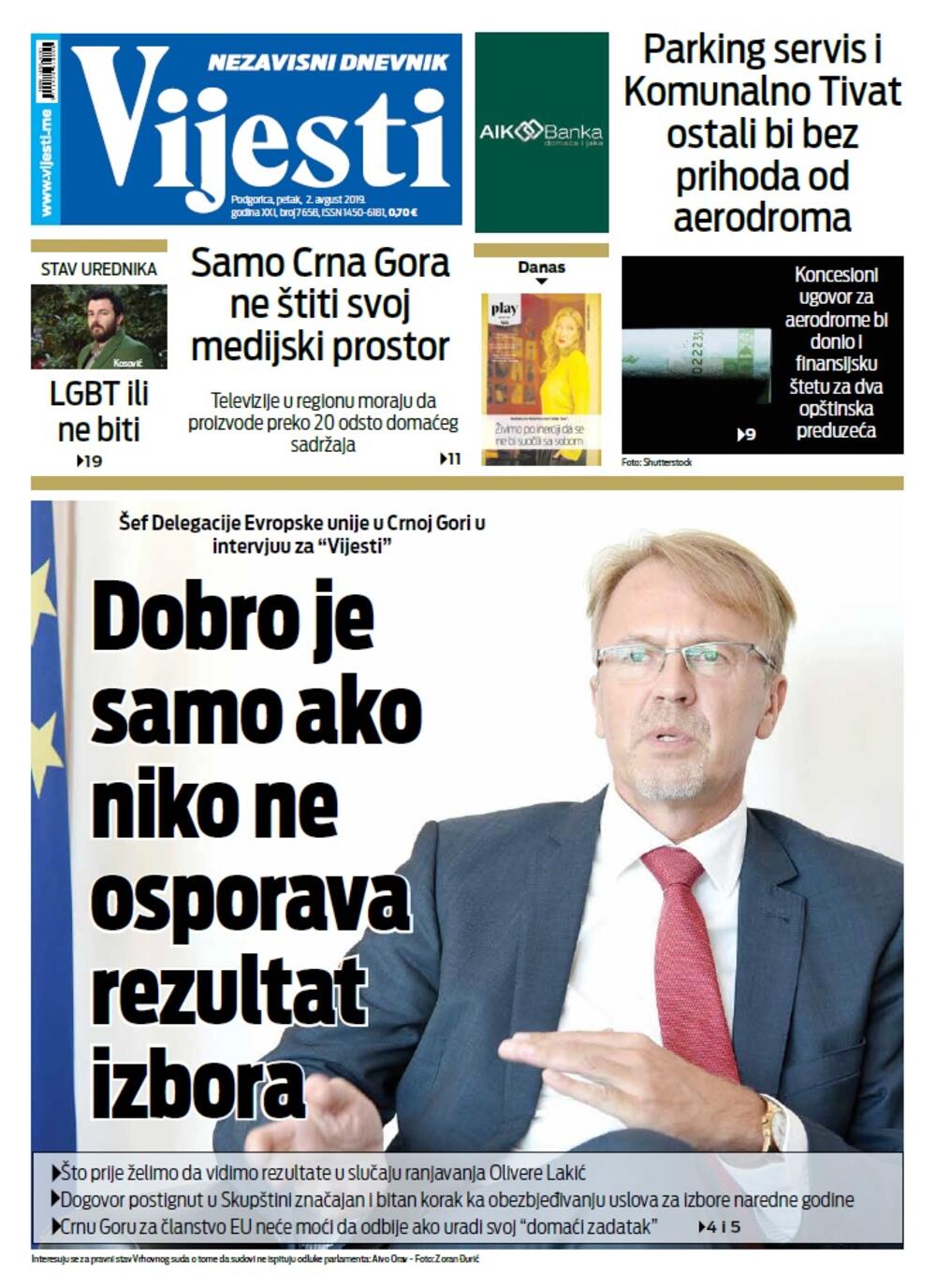 Naslovna strana Vijesti za 2. avgust, Foto: Vijesti