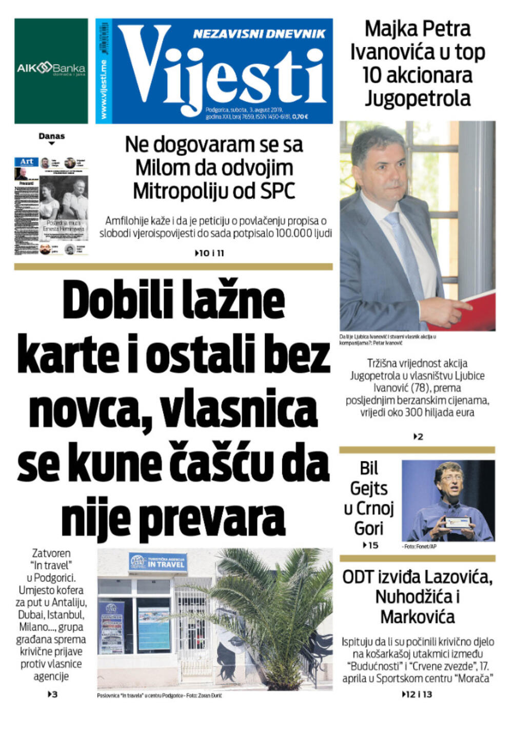 Naslovna strana "Vijesti" za 3. avgust