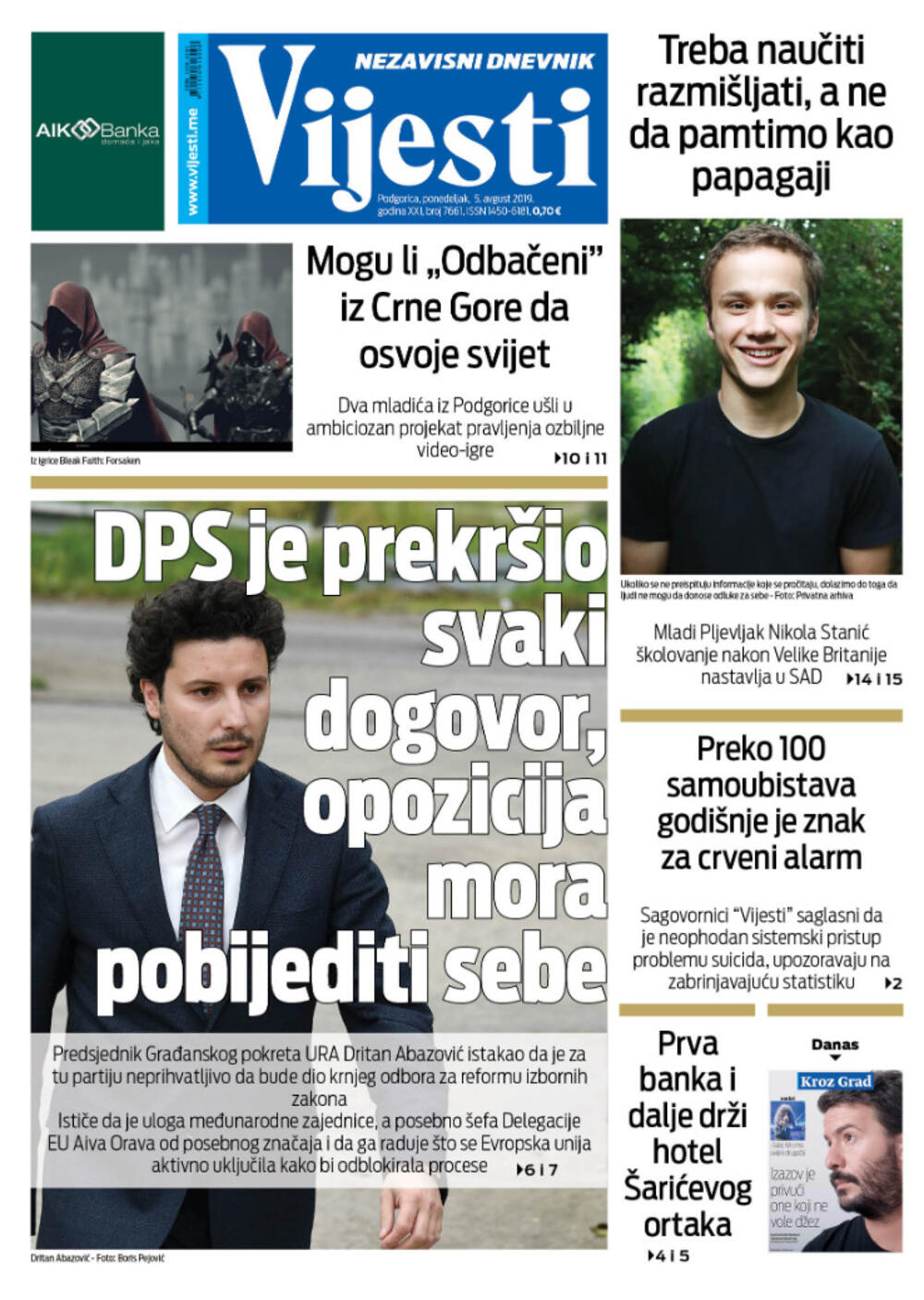 Naslovna strana "Vijesti" za 5. avgust