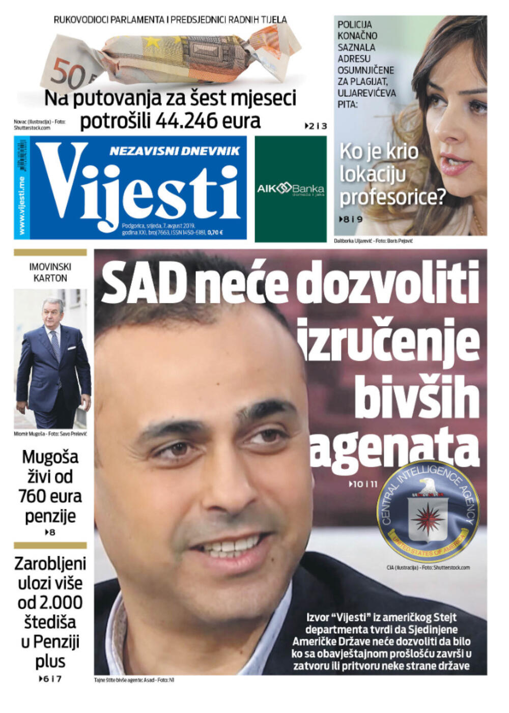 Naslovna strana "Vijesti" za 7. avgust