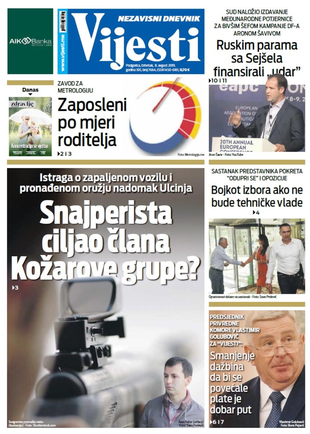 Naslovna strana "Vijesti" za 8. avgust, Foto: Vijesti